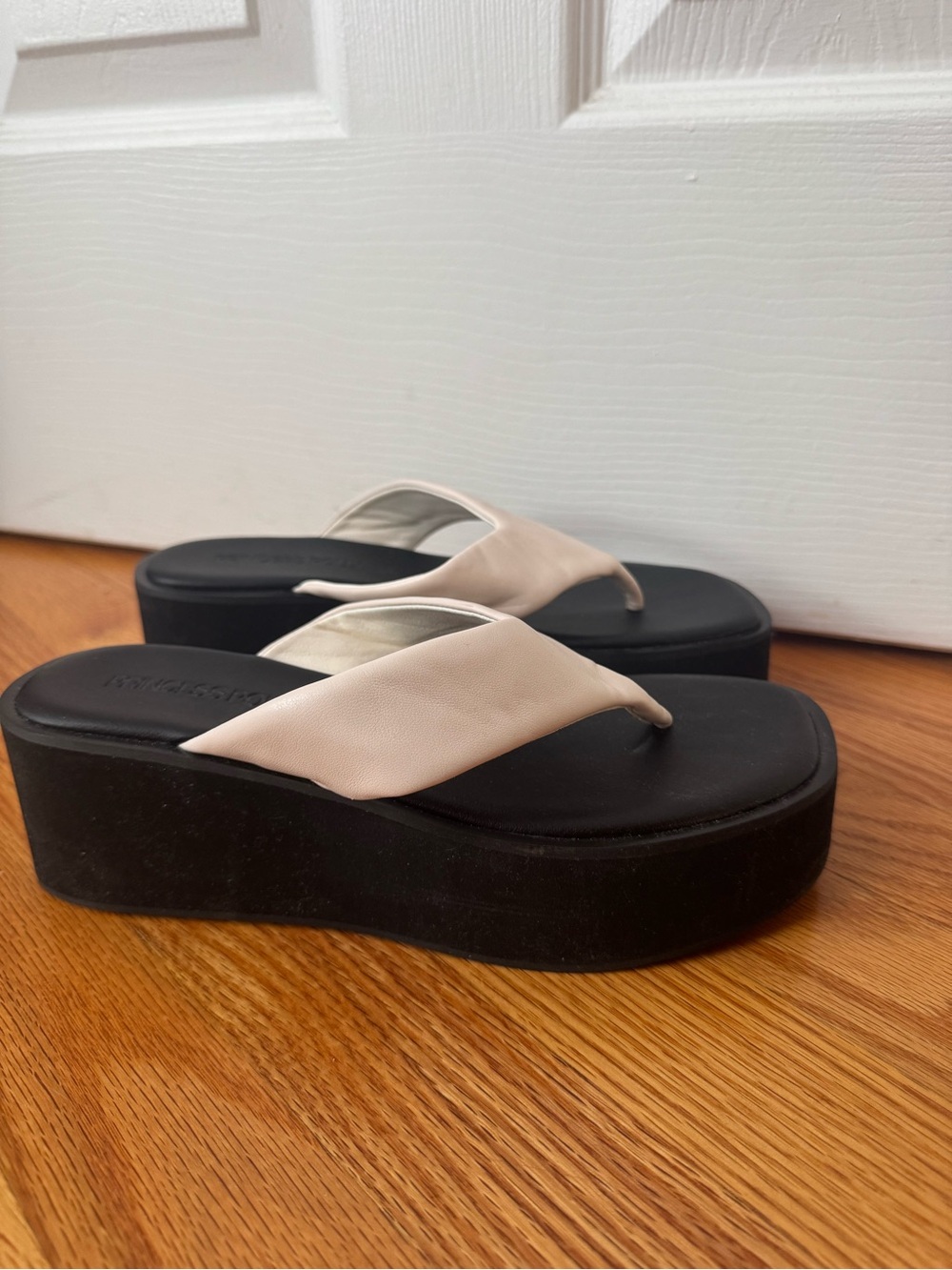 Platform Flip-Flop Sandals in Cream and Black